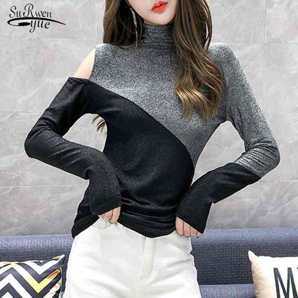 

arrival women's clothes autumn long sleeve off shoulder women blouse shirt turtleneck slim fit female blouses 6243 50 210508, White