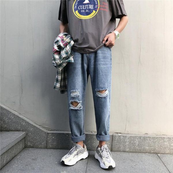 

men's jeans wholesale fashion boys pants harajuku style trendy korean loose straight beggar summer ripped cropped ney2, Blue