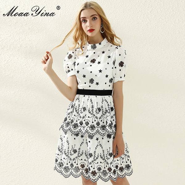 

fashion designer dress summer women stand collar short sleeve flowers hollow out embroidery cascading ruffle 210524, Black;gray