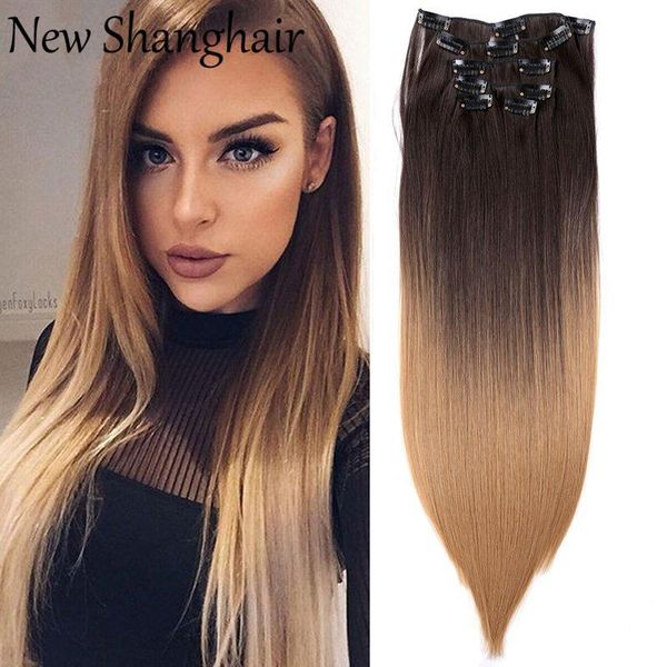 

synthetic wigs shanghair straight clip in hair for women full head 22 inch black