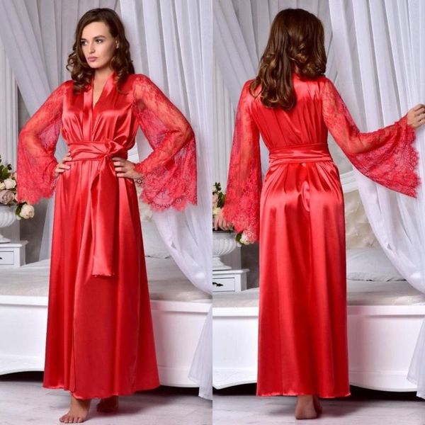

wraps & jackets red bridal bathrobe lingerie lace floor length robes long sleeve sleepwear satin silk nightwear babydoll robe dressing gowns, White