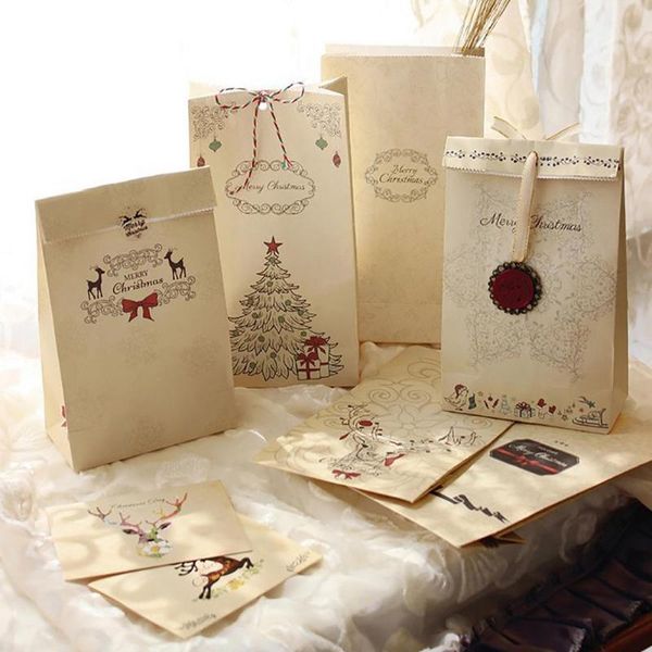 

christmas decorations 8pcs gift bags kraft paper handbag bag christmastree elk snowflake candy biscuit year kids gift-bag box