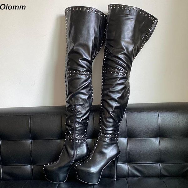 

boots olomm fashion women thigh high rivets stiletto heels round toe white black cosplay shoes plus us size 4-16