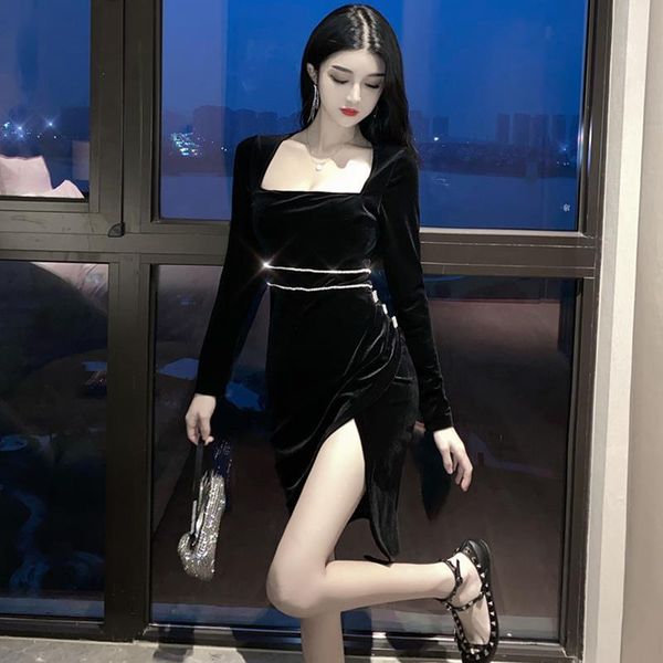 

autumn and winter women dress long sleeves low square collar solid high waist retro fork dresses t48 casual, Black;gray