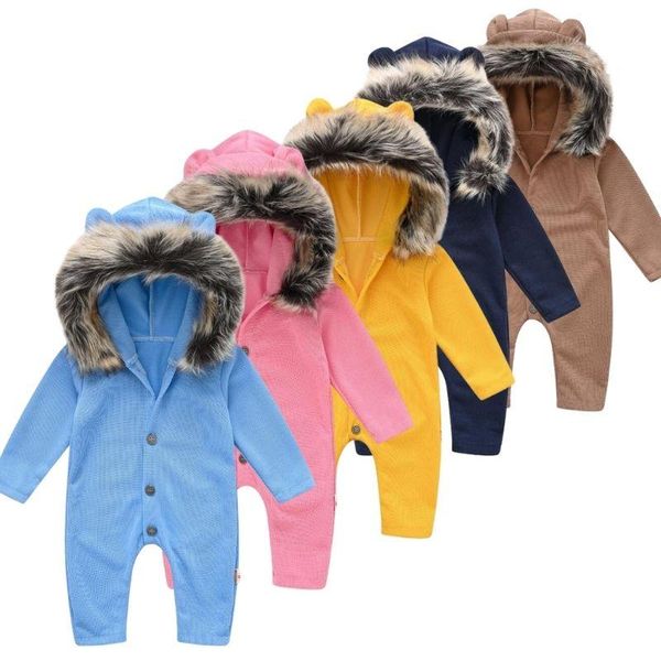 

jumpsuits 2021 born clothes baby romper toddler boys girls fur collar color cute ears jumpsuit climbing clothe robe, Blue