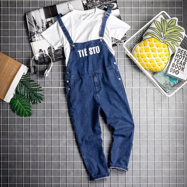 

men's jeans hip hop suspenders trendy bib overalls korean style fashion jumpsuit denim trousers casual rompers male clothing, Blue