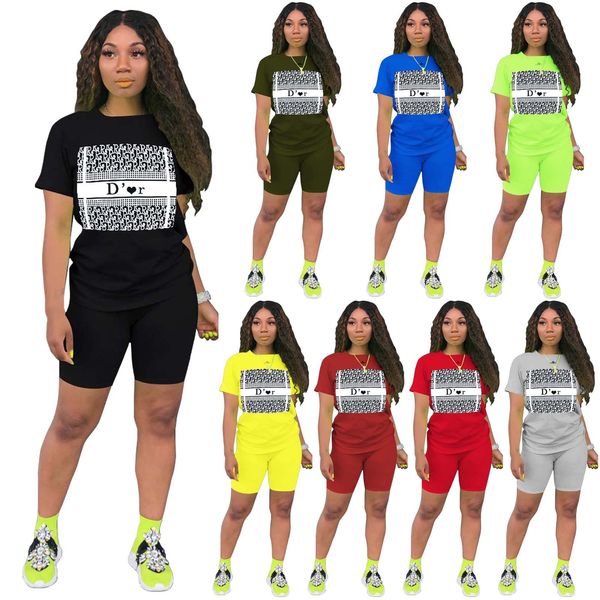 674.T-shirt da donna con stampa stilista, pantaloncini, pantaloni, set da due pezzi, alta qualità, bianco e nero, giallo, rosso, multicolore, manica corta S-XXL