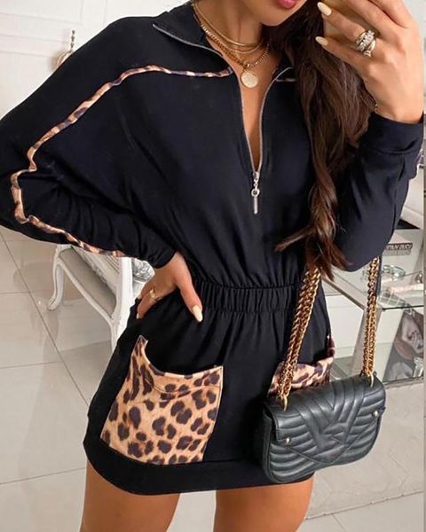 

casual dresses spring autumn for women leopard print patch pocket zipper half-open collar long sleeve dress elegant streetwear, Black;gray