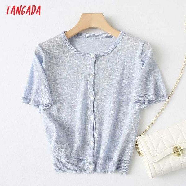 

tangada summer women thin knitted cardigan sweater jumper vintage short sleeve button-up female outerwear yu50 210609, White