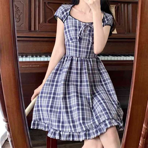 Große Größe Checked Mini Kleid Frauen Sommer Französisch Quadratisch Hauch Hauchhülse Hohe Taille Spitze Patchwork Purple Plaid 210601