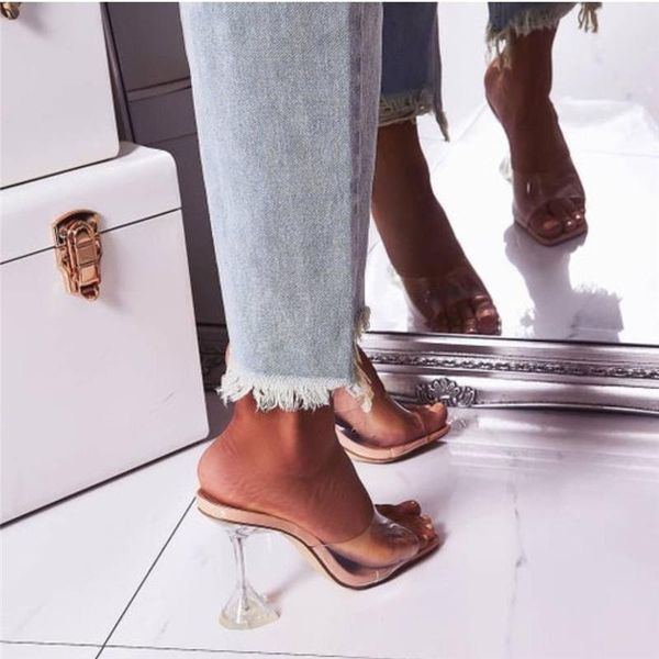 

slippers 2021 summer women crystal 9.5cm high heels mules clear strange slides female transparent peep toe silver shoes, Black