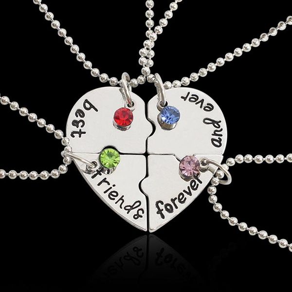 

pendant necklaces jewelry four parts of the puzzle heart shaped inlay rhinestones friends forever and ever necklace, Silver