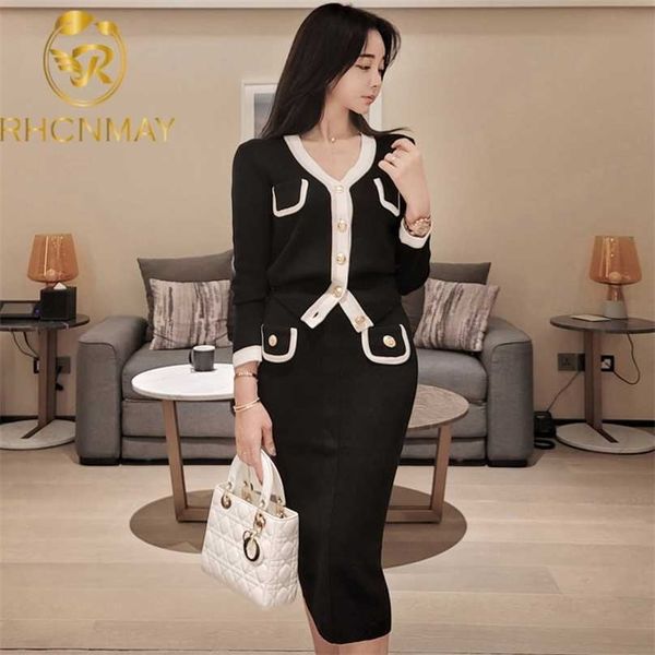 

winter suit skirt v-neck colorblock single-breasted cardigan sweater knitted 2 pieces suits work business knit set 211106, White