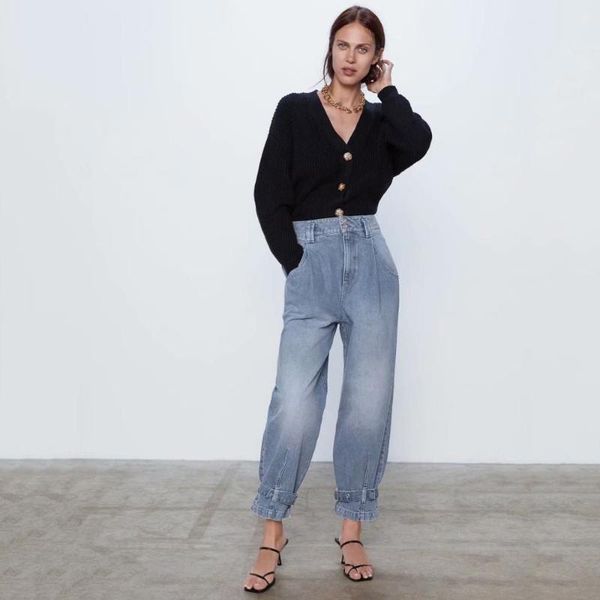 

women's pants & capris za autumn winter harem women jeans fashion clothes casual blue trousers female zipper button long 2021, Black;white