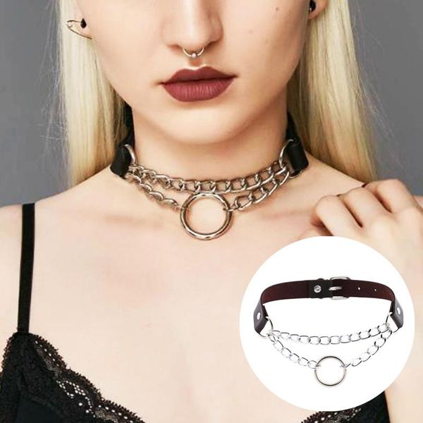 Colar de gargantilha punk moda de couro pu do anel redondo colarinho feminino gótico Chain Clavicle Chain Chokers ajustável