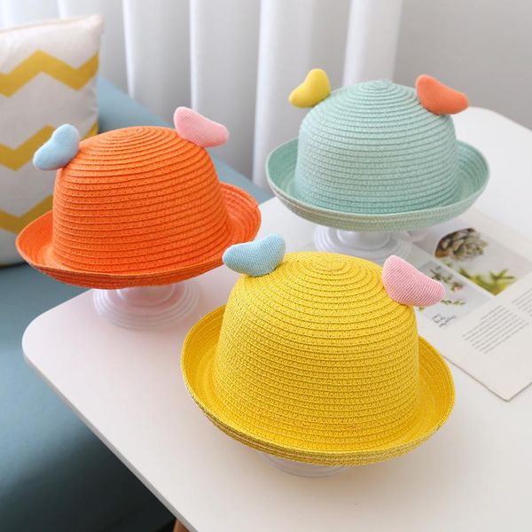 

wide brim hats 2-5years cute kids baby girls boys straw hat caps spring summer solid heart fisherman accessories props outdoor sun, Blue;gray