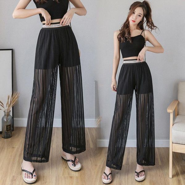 

women's pants & capris wide-leg 2021 high waist summer korean style loose hollow out thin elastic slim, Black;white