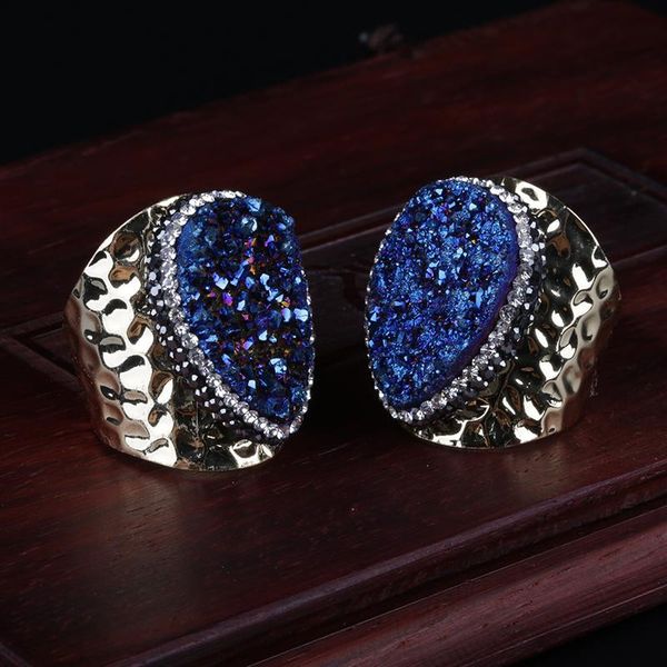 

cluster rings blue natural rough teardrop raw druzy stone bead charm pave rhinestone big wide wrap hammered gold open ring cuff women jewelr, Golden;silver