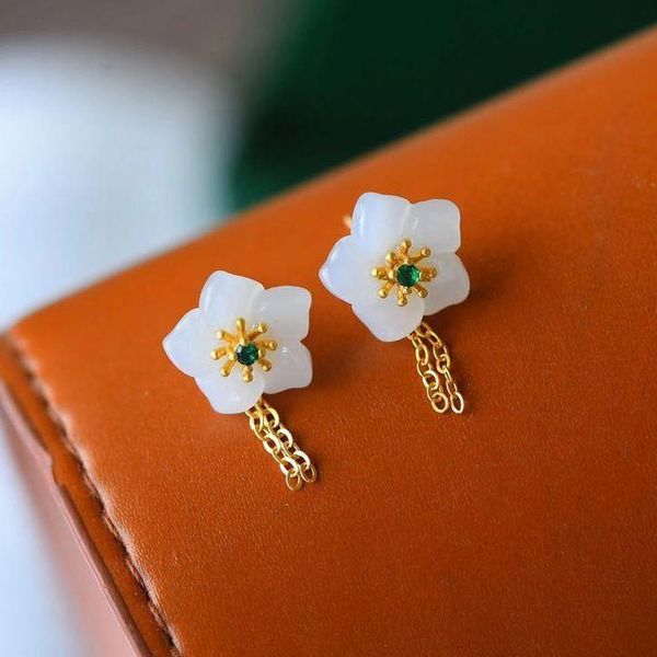 

stud designer original hetian jade plum blossom tassel earrings fairy tale exquisite and elegant ladies silver jewelry, Golden;silver