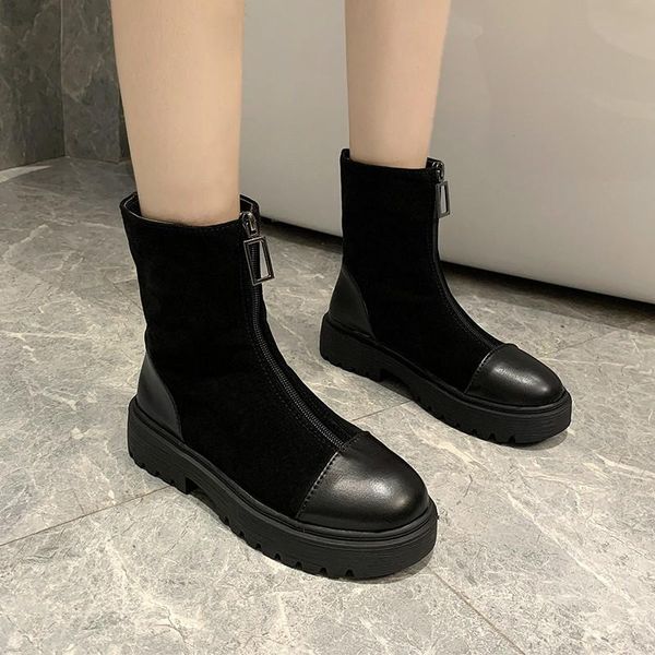 

boots women black square heel winter warm plush shoes zip mid-calf 2021