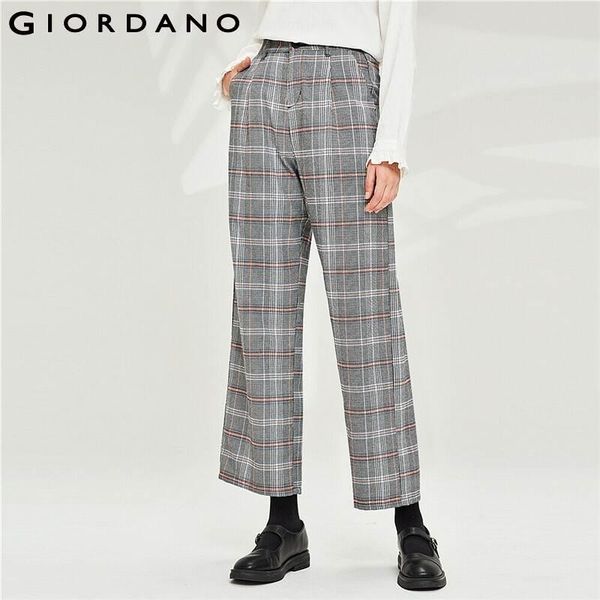 

giordano women pants elastic waistband plaid wide leg slant pockets zip casual spodnie damskie 13410809 women's & capris, Black;white