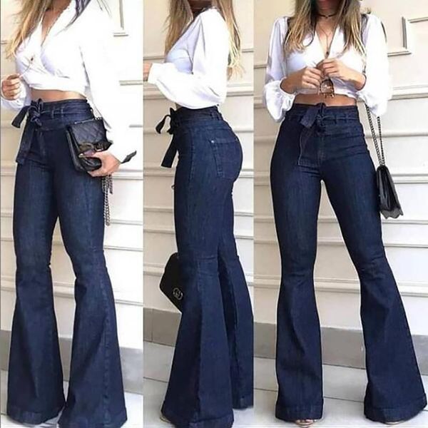 

women's jeans womens high-rise micro-elastic lace-up flared pants wide-leg high waist skinny woman flare black, Blue