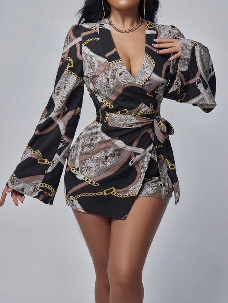 

sxy chain print wrap belted romper 23ja#, White