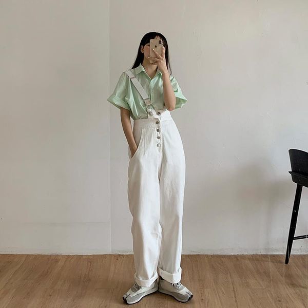 

women's jeans 2021 autumn loose vintage long pants women high waist button single shoulder design streetwear harajuku chic straight, Blue