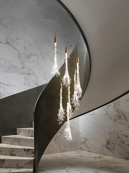 

light luxury glass long chandelier post modern minimalist villa duplex spiral staircase restaurant lighting pendant lamps