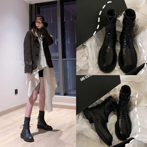 

boots soft leather thick-soled 2021 women spring and autumn single british style black locomotive mid-tube short