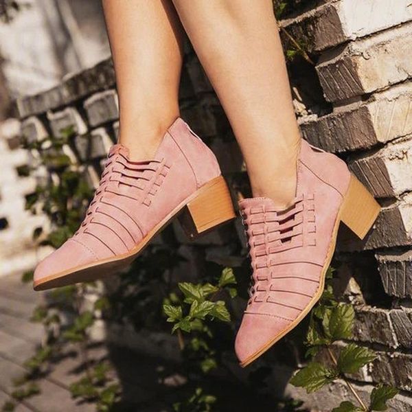 

boots women ankle low heels pumps vintage pu leather shoes plus size gladiator booties woman mujer zapatos invierno d1493, Black