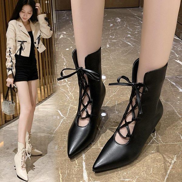 

boots heels shoes women cross-tied gladiator pointed toe pumps high ankle boot hollow outs booties botas mujer 8689c, Black