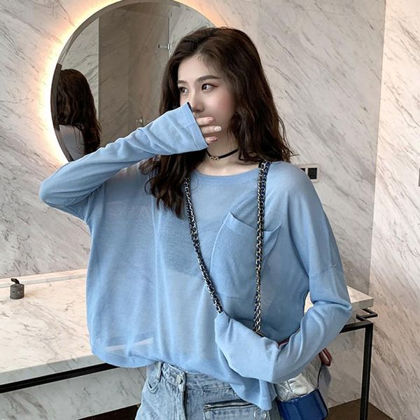 

women's t-shirt ultra-thin perspective beach style solid t shirt summer long sleeve tshirts loose sunscreen women pullover, White