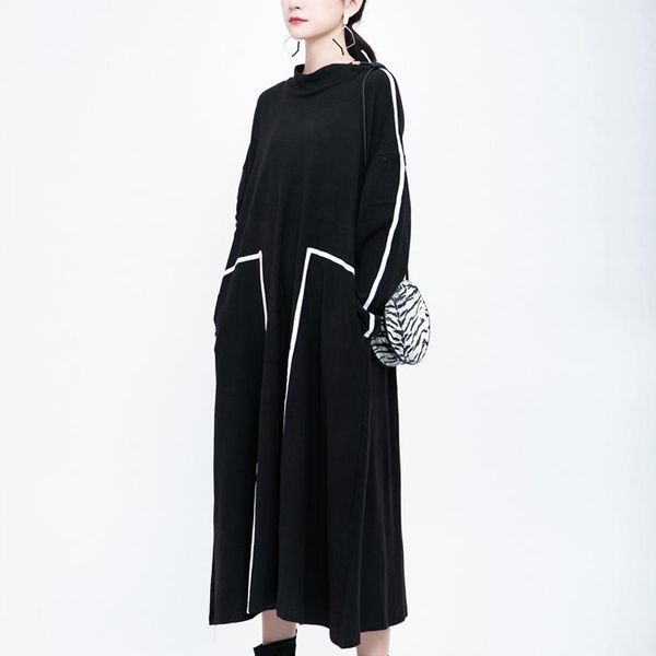 

casual dresses msxu 2021 winter retro hipster hit color ribbon stitching mid-length dress, Black;gray
