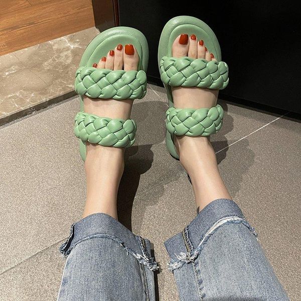 

slippers 2021 fashion summer women open toe sandals shoes candy woven leather female platform retro flats beach flip flops slipper, Black