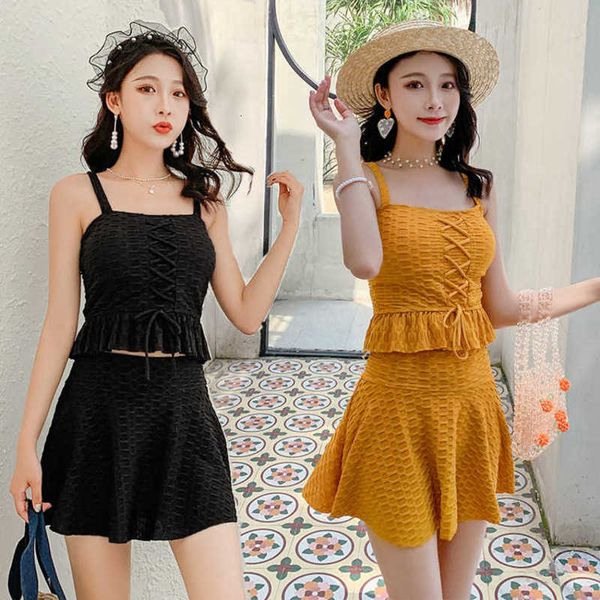 

swimsuit girl two piece split conservative slim cover belly student fairy fan korean style lovely swimsuit, White;black