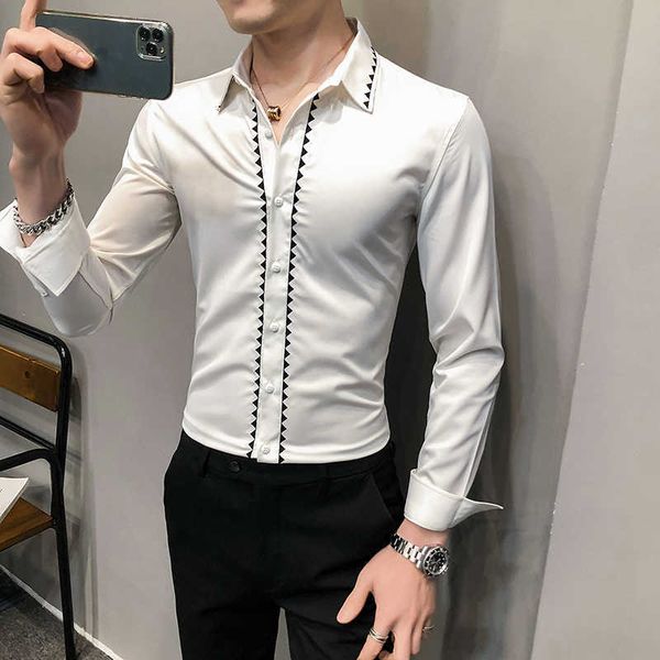 

spring men shirts black white formal dress shirts long sleeve slim fit casual business blouse streetwear social party 210527, White;black