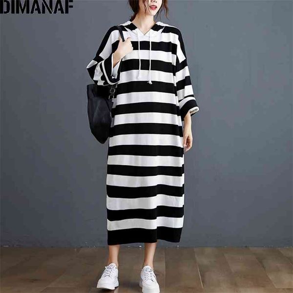 

plus size women dress autumn print striped cotton hooded lady vestidos female clothing casual loose long sleeve 210531, Black;gray