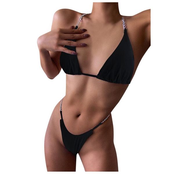 

women's swimwear women chain tie-dye halterneck strap bikini swimsuit set solid push-up padded bathing beachwear, White;black