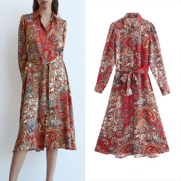 

za vintage printed midi women dress fashion tied belt long sleeve lapel collar button up elegant shirt dresses, Black;gray