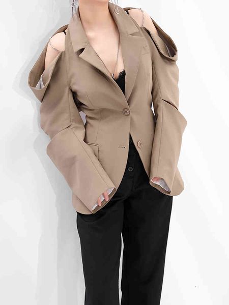 

women's suits & blazers [eam] women hollow out off shoulder khaki blazer lapel long sleeve loose fit jacket fashion spring autumn 2022, White;black
