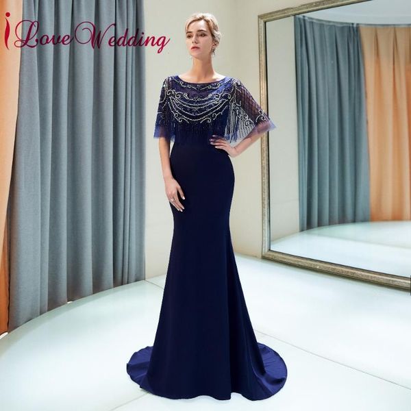 

party dresses ilovewedding scoop collar heavy beaded navy blue spandex mermaid long evening elegant half bell sleeves, White;black