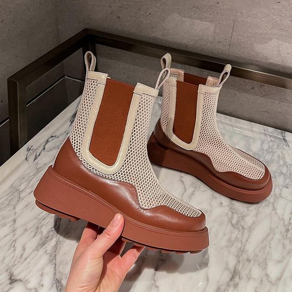 

women's summer 2021 fashion breathable round toe thick soled non-slip web celebrity ankle boots, Black