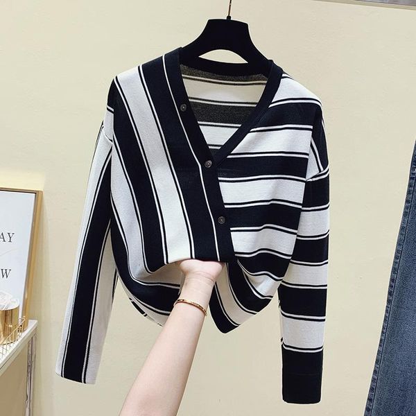 

women's knits & tees fashion striped knitted pullovers autumn 2021 v-neck loose button long sleeve sweater female, White
