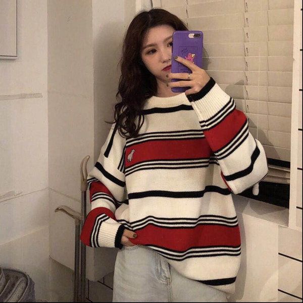 

striped kawaii ulzzang vintage style women sweater round neck college loose clouds female korean punk thin cute harajuku, White;black