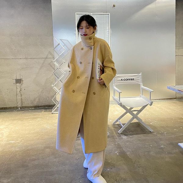 

women's wool & blends autumn winter vintage mid-length woolen jackets for women 2021 fashion loose high-end drape cloth overcoat femme, Black