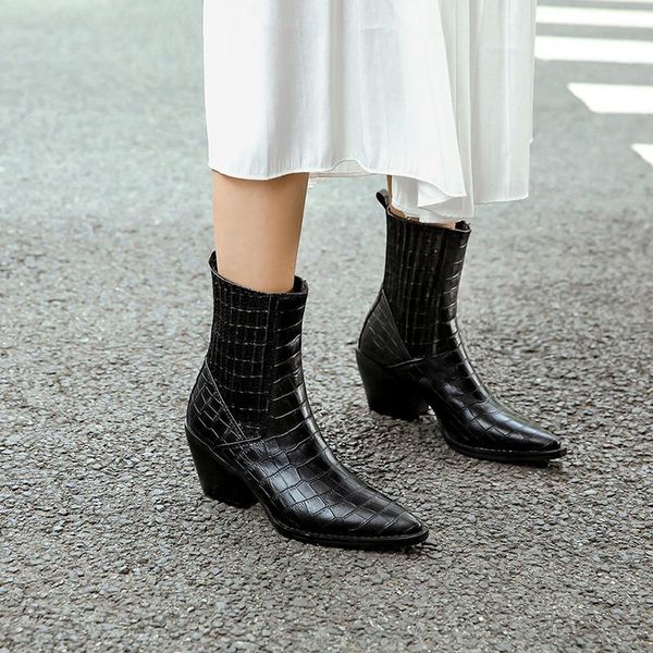 

boots ymechic plus size stone pattern designer pointed toe autumn winter ankle western block high heels cowboy women shoes, Black