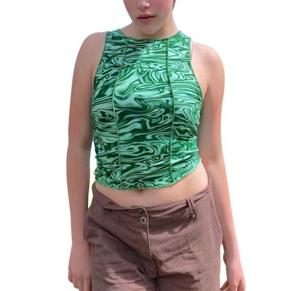 

women's tanks & camis crew neck tank sleeveless abstract liquid print slim fit stitch crop, White