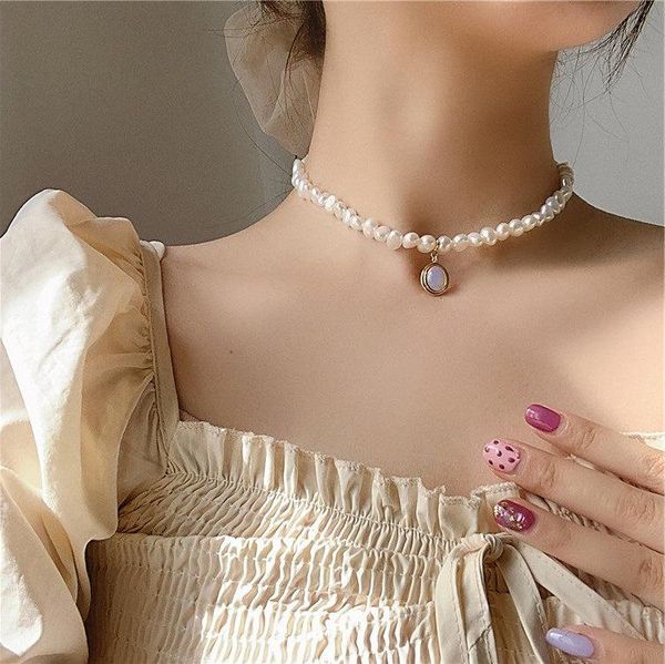 

chokers south korea east gate necklace female retro temperament with fresh water pearl purple cat eye stone pendant neck chain, Golden;silver