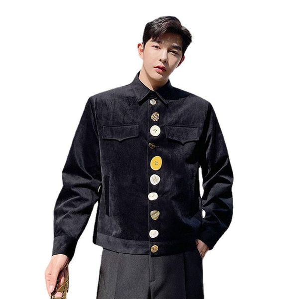 

men's jackets men button decoration corduroy jacket korean streetwear vintage fashion casual short coat autumn spring mens overcoat, Black;brown